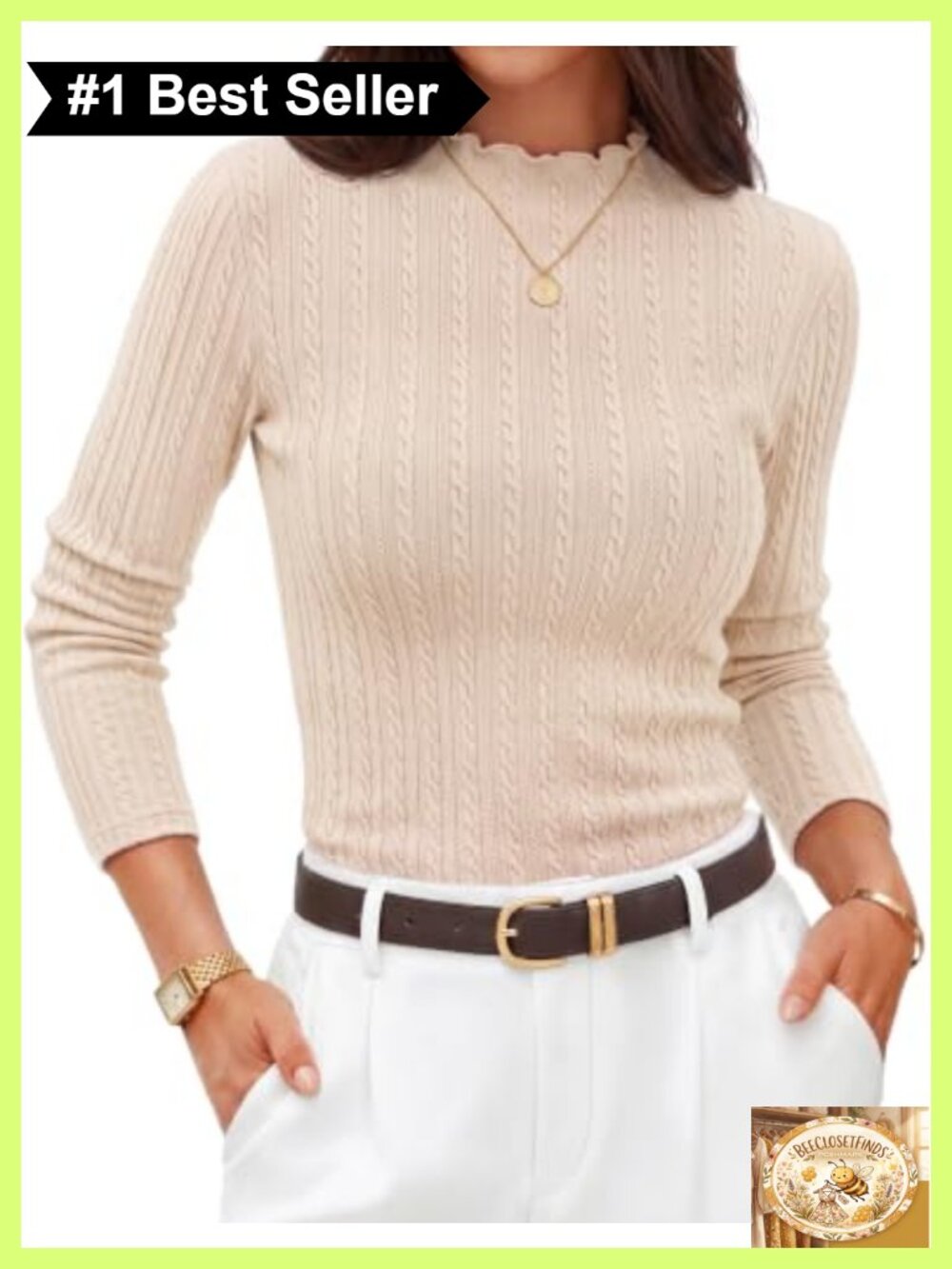 Women's Mock Neck Cable Knit Long Sleeve Slim Fit Top Business Casual